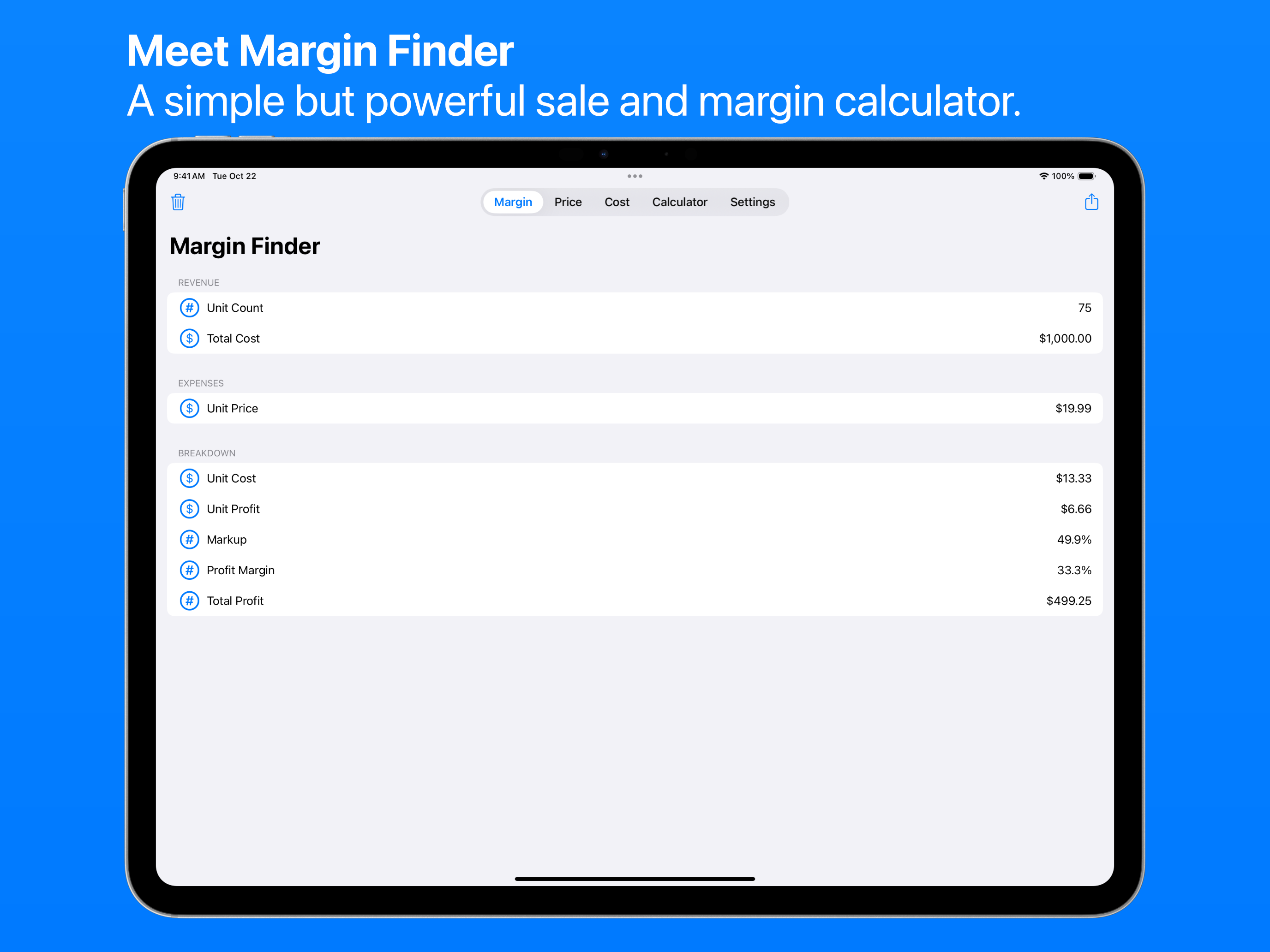 Margin Calculator on iPad